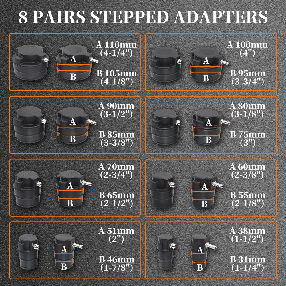 Yuesstloo stepped adaptors layout illustrating wide hose size coverage for fitment