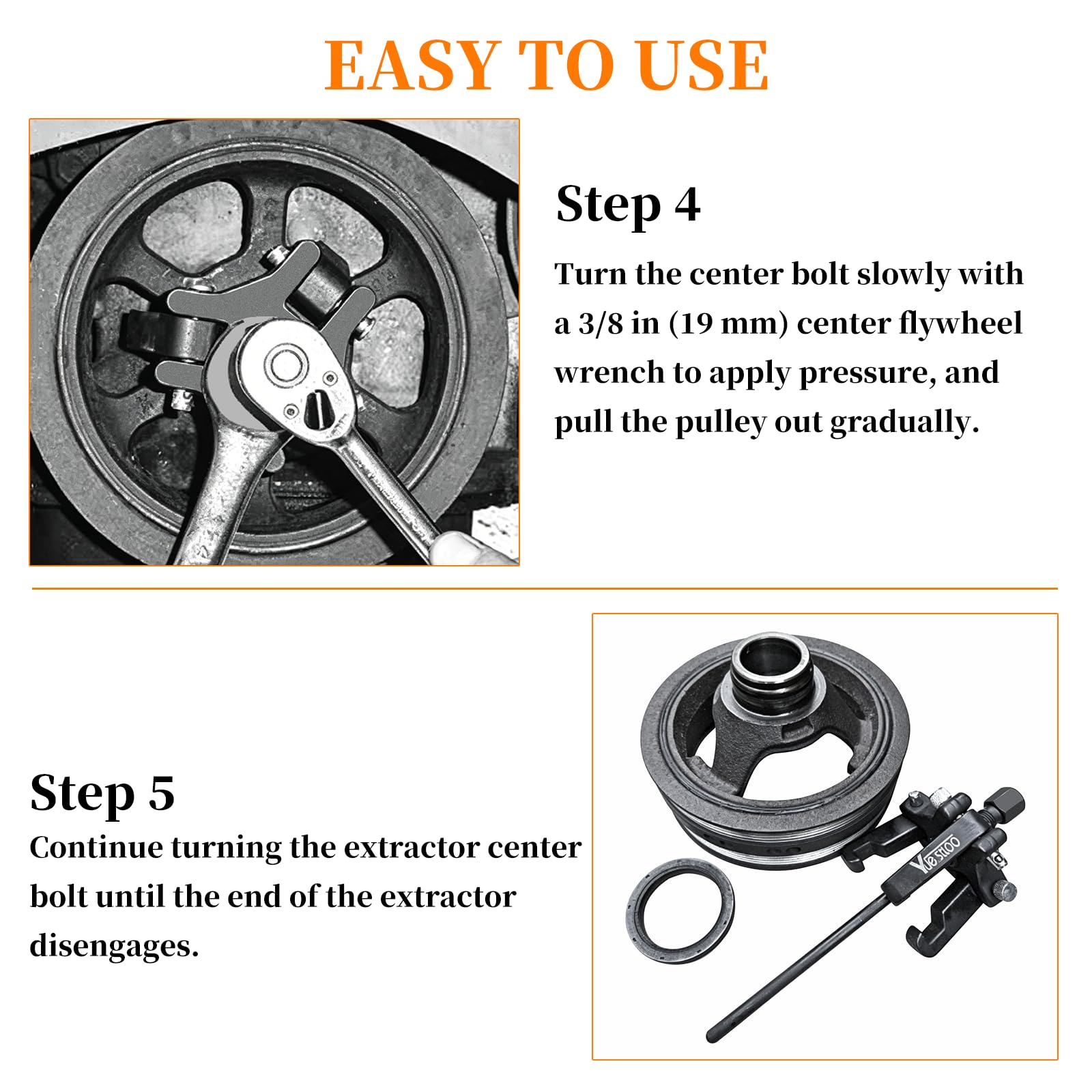 Yuesstloo tool in use inside engine bay to remove pulley without radiator removal