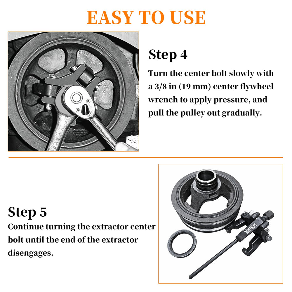Yuesstloo tool in use inside engine bay to remove pulley without radiator removal