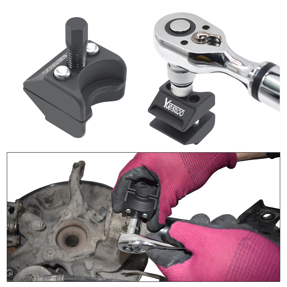 Yuesstloo tool in use on car showing easier access in tight wheel wells