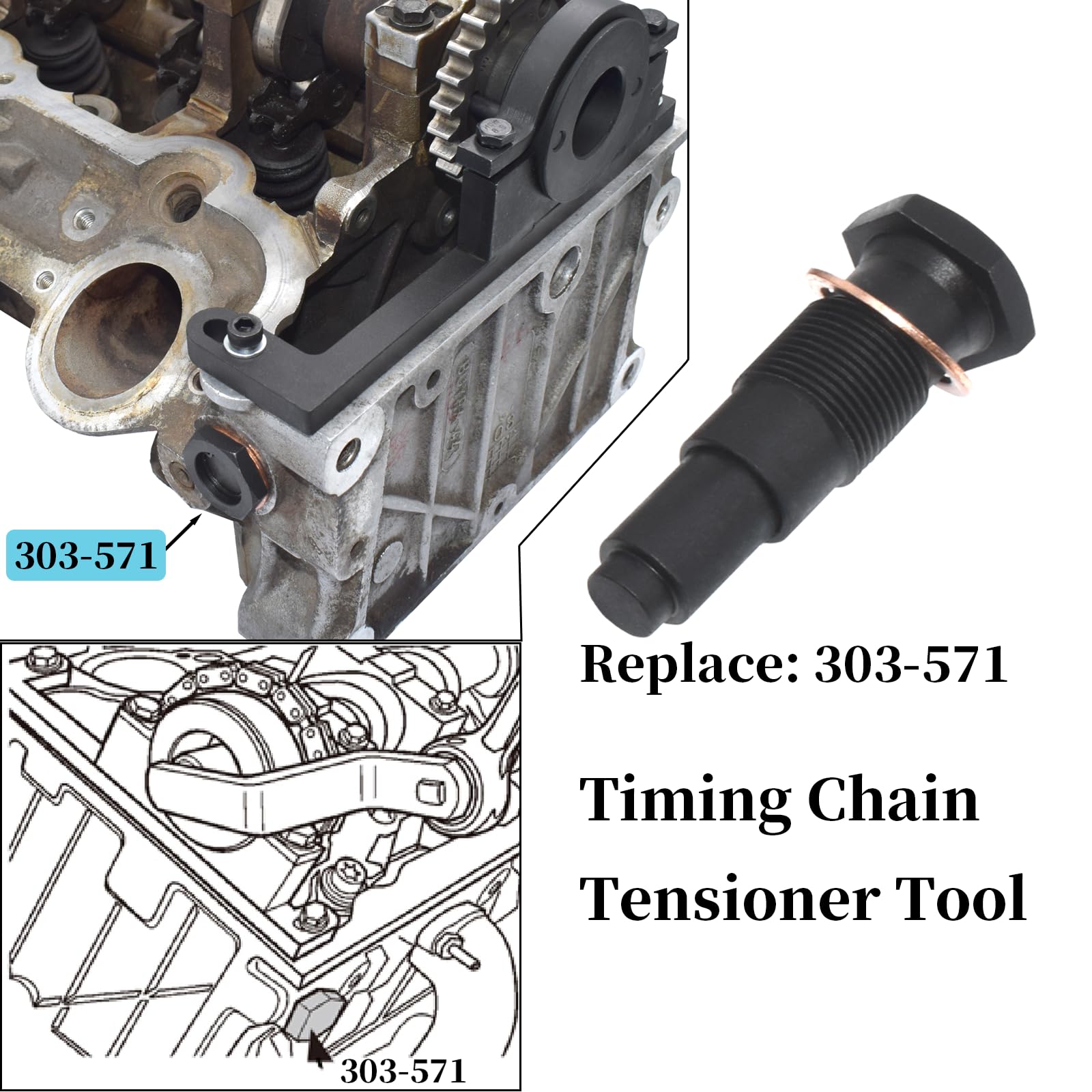 Yuesstloo tool in use on engine securing camshaft to prevent rotation