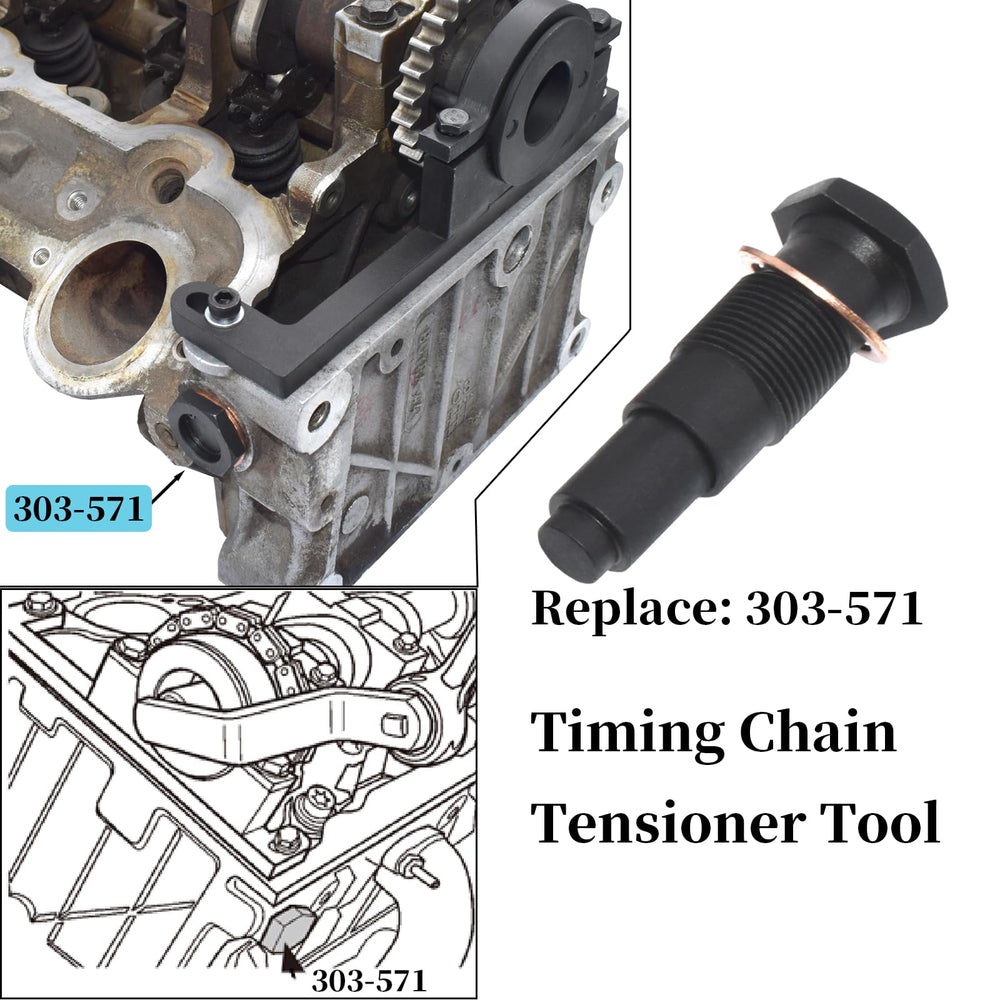 Yuesstloo tool in use on engine securing camshaft to prevent rotation