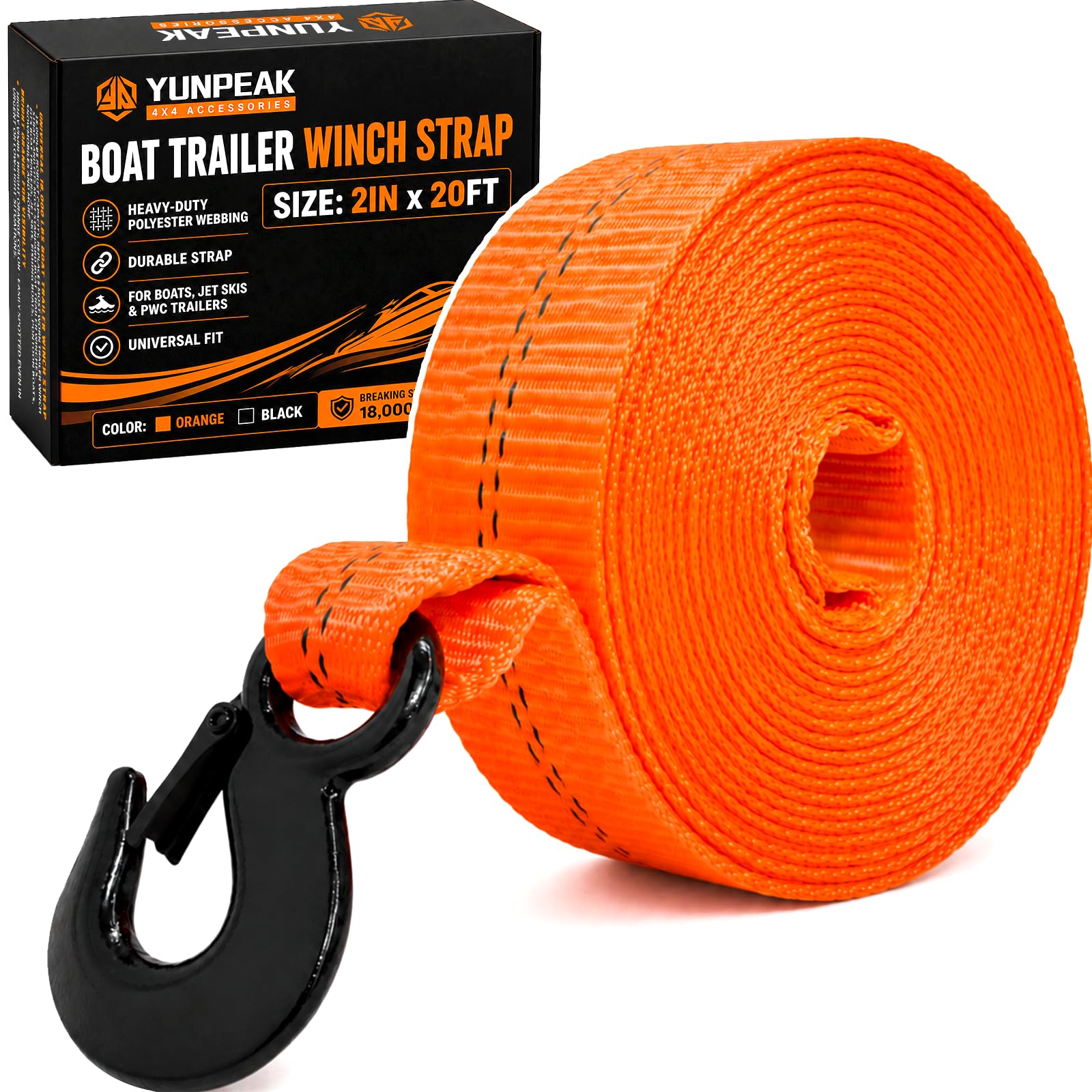 YUNPEAK front view of packaged winch strap showing dimensions and fit benefits