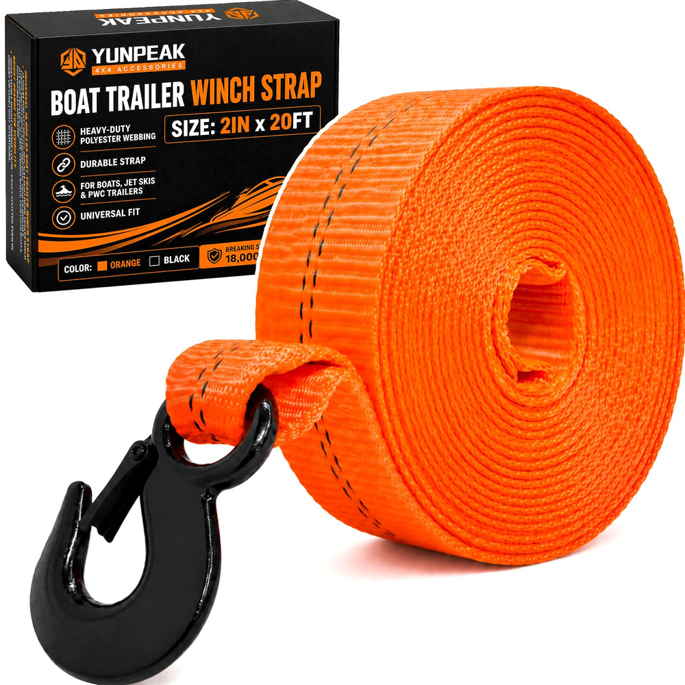 YUNPEAK front view of packaged winch strap showing dimensions and fit benefits