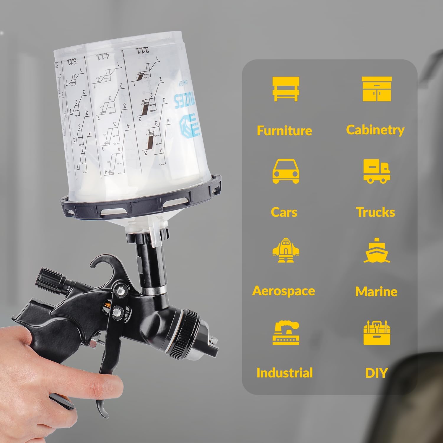 YUZES disposable cup attached to spray gun enabling all-angle spraying