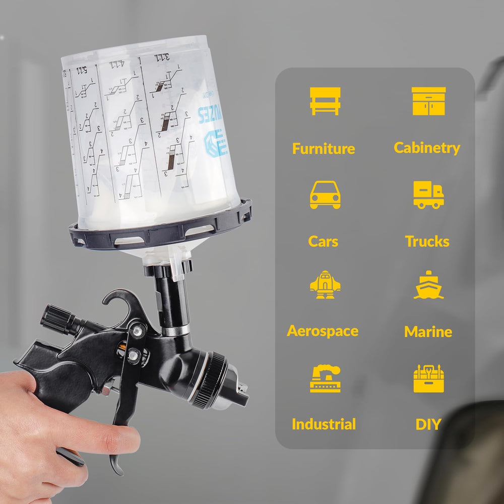 YUZES disposable cup attached to spray gun enabling all-angle spraying