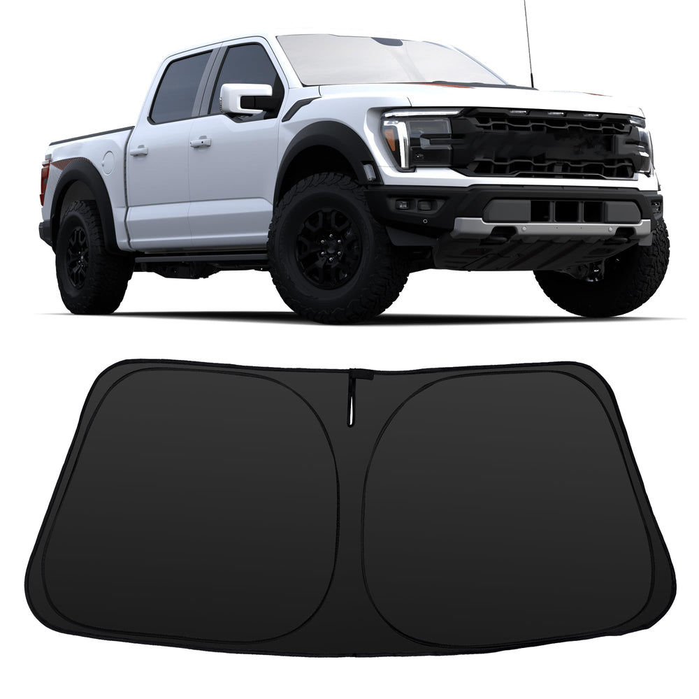 YYCKE front view of folded sun shade showing fit and branding, protects interior from heat