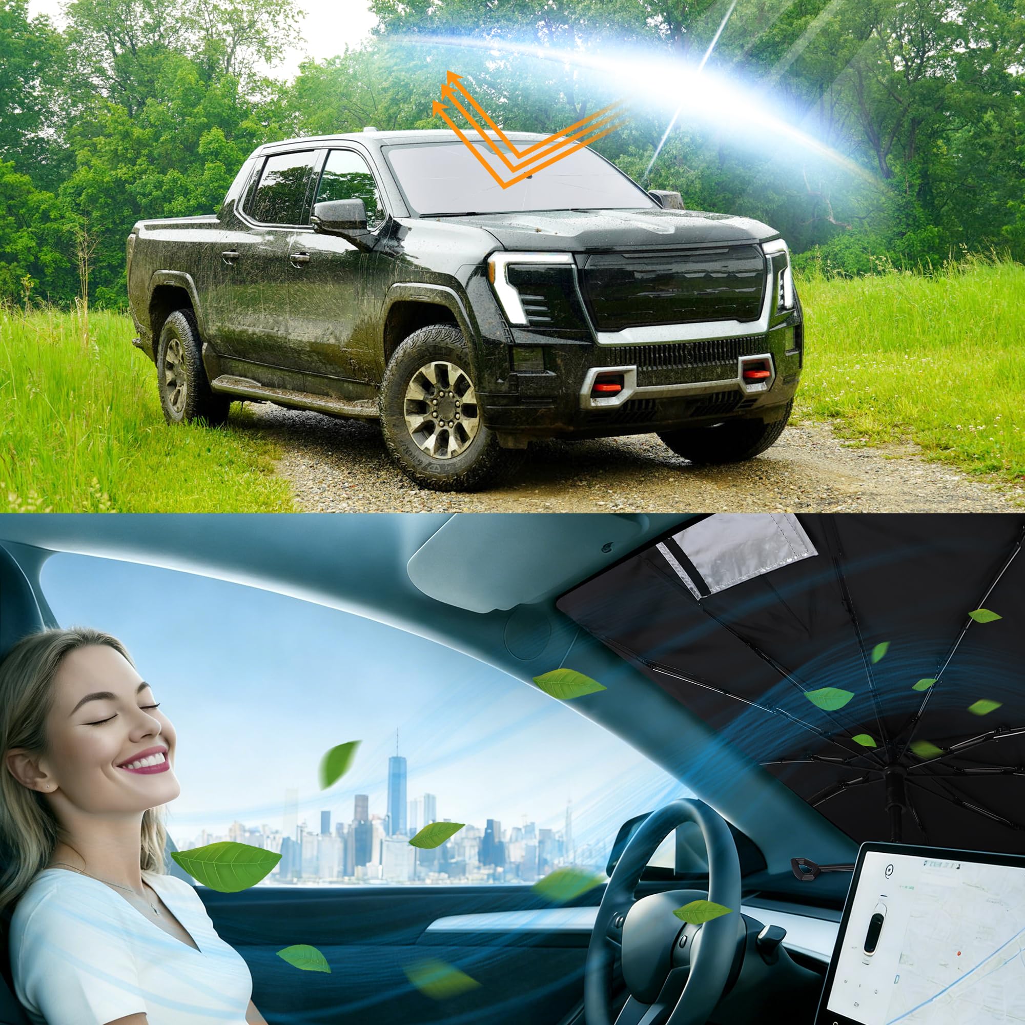 YYCKE sun shade in parked GMC Sierra outdoors, protects interior from UV