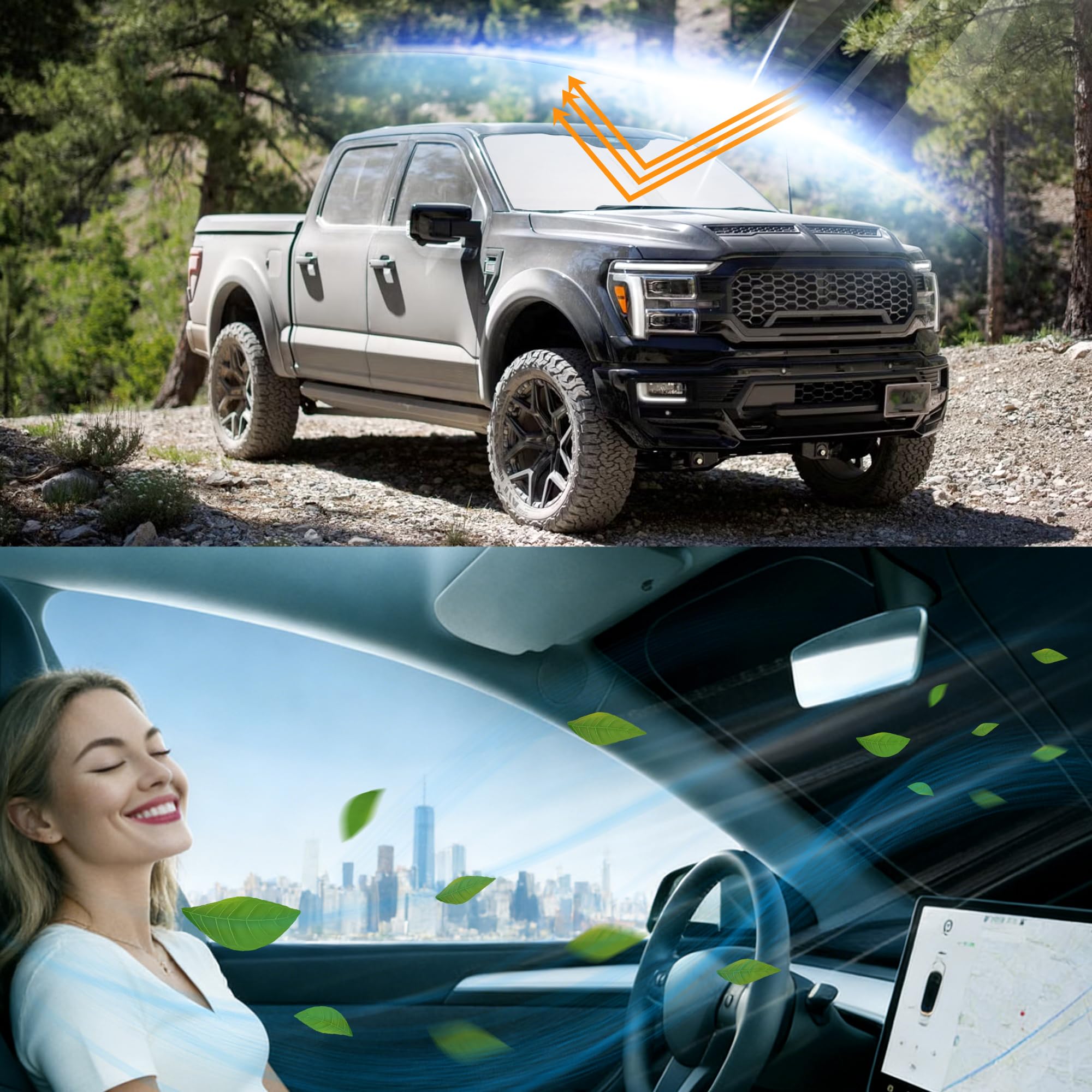 YYCKE lifestyle shot with parked F150 using shade, protects seats and dash from sun damage
