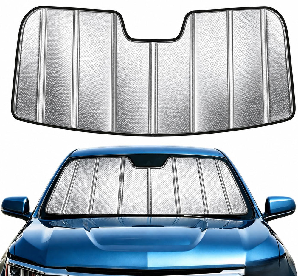 YZZWATW front view of custom-fit RAV4 sun shade reflecting sunlight to lower cabin heat