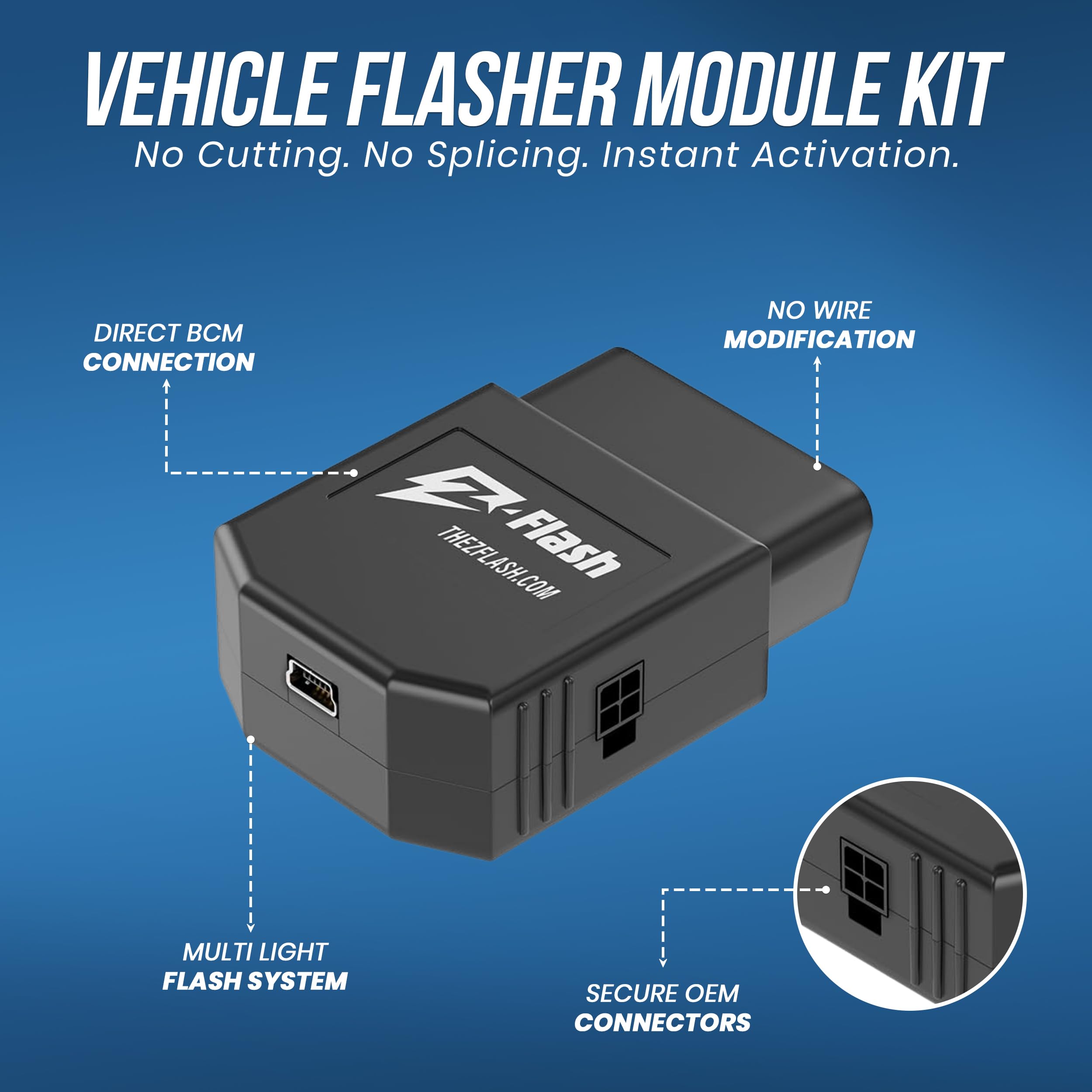 Z-Flash plugged into vehicle OBD-II port demonstrating easy connection and no wiring