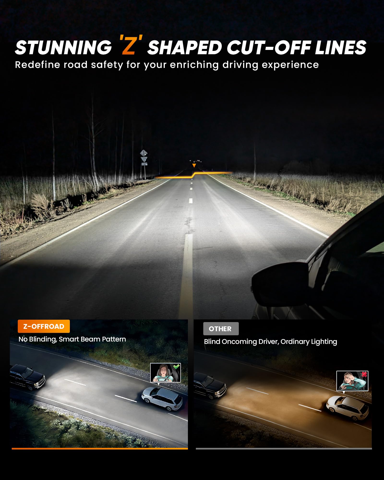 Z-OFFROAD headlights installed on Silverado at night improving road illumination
