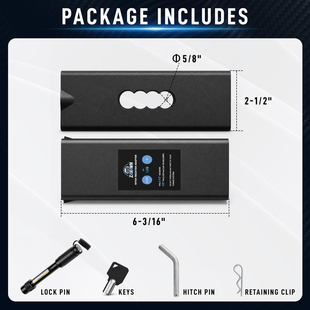 Zahawn packaging and contents showing reducer sleeve, pin, and lock