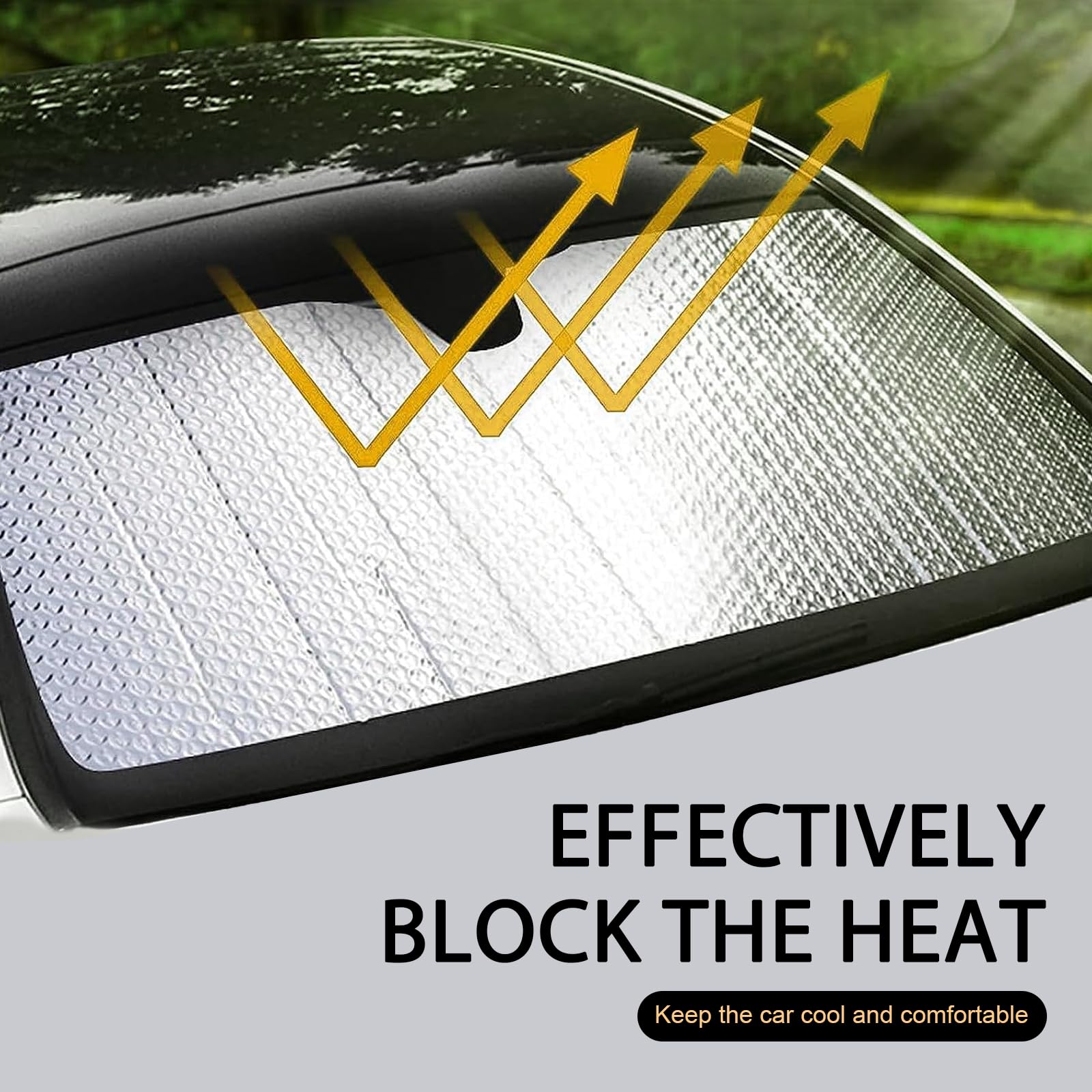 Zeathery sunshade inside parked car under bright sun providing cooler cabin comfort