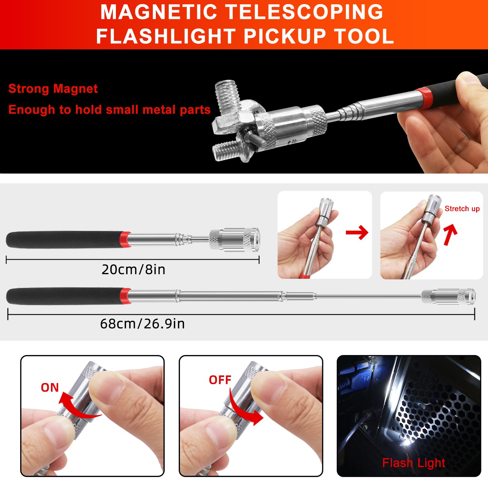 Zecirl telescoping magnetic pickup extended with LED for easy retrieval
