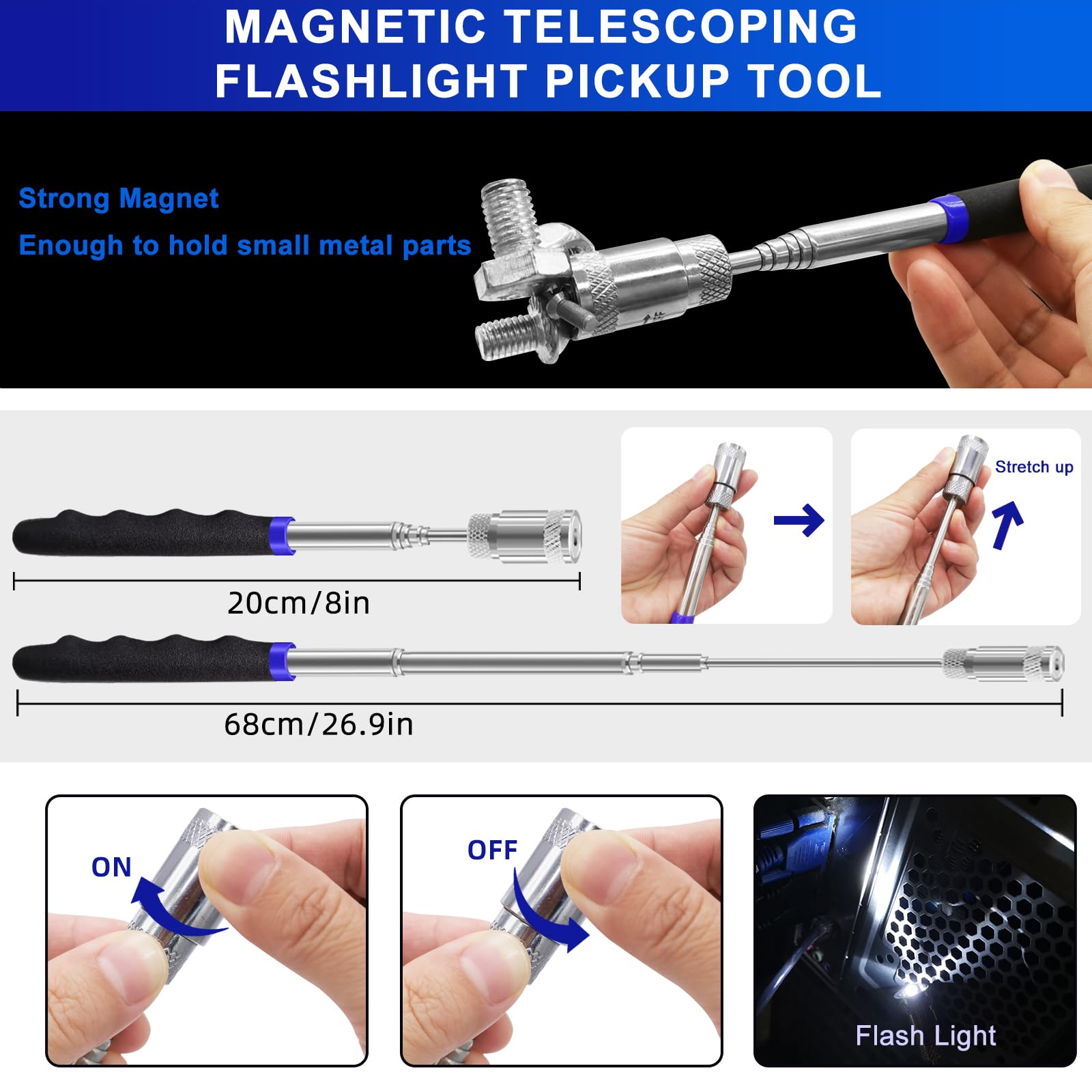 Zecirl telescoping magnetic pickup extended with LED illuminating tight space for easy retrieval benefit