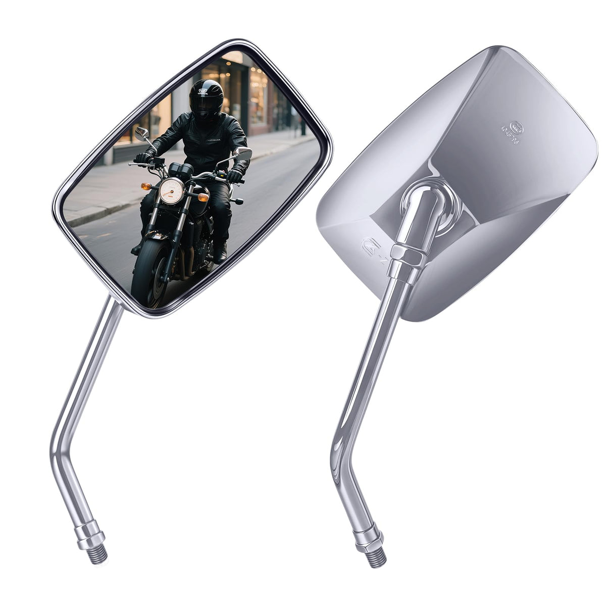 ZENTHOR chrome rectangle mirror front view showing reflective surface and design benefit wider vision
