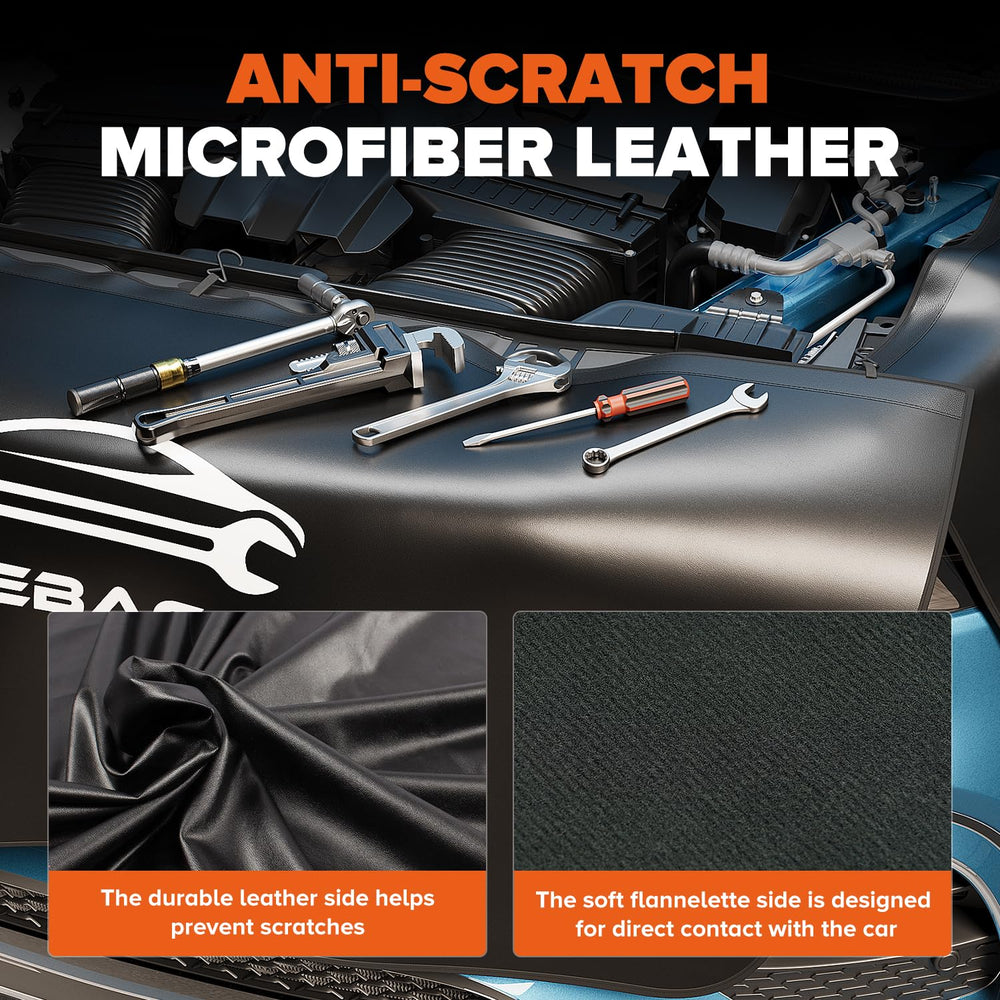 Zhevebaga mat in use on a sedan fender protecting from tools and oil