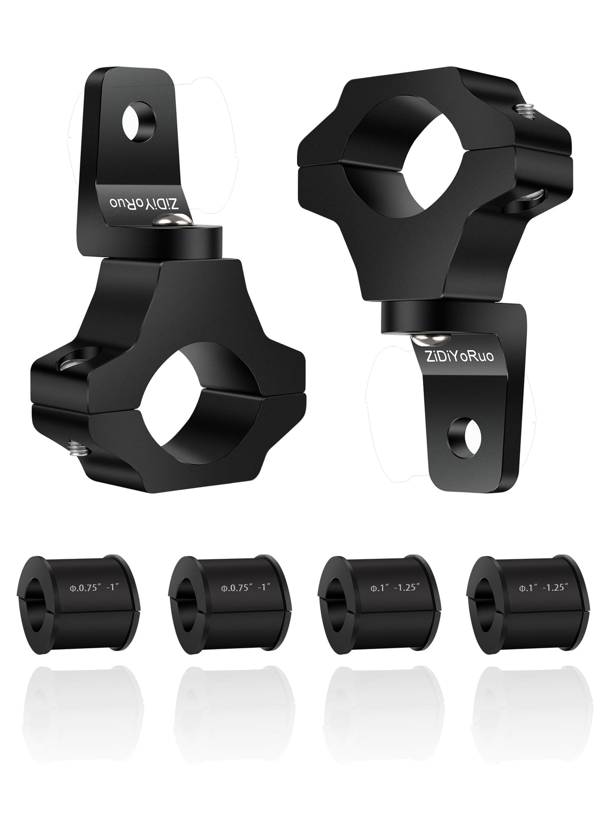 ZIDIYORUO front view of two black aluminum brackets showing included hardware and box for quick install benefit