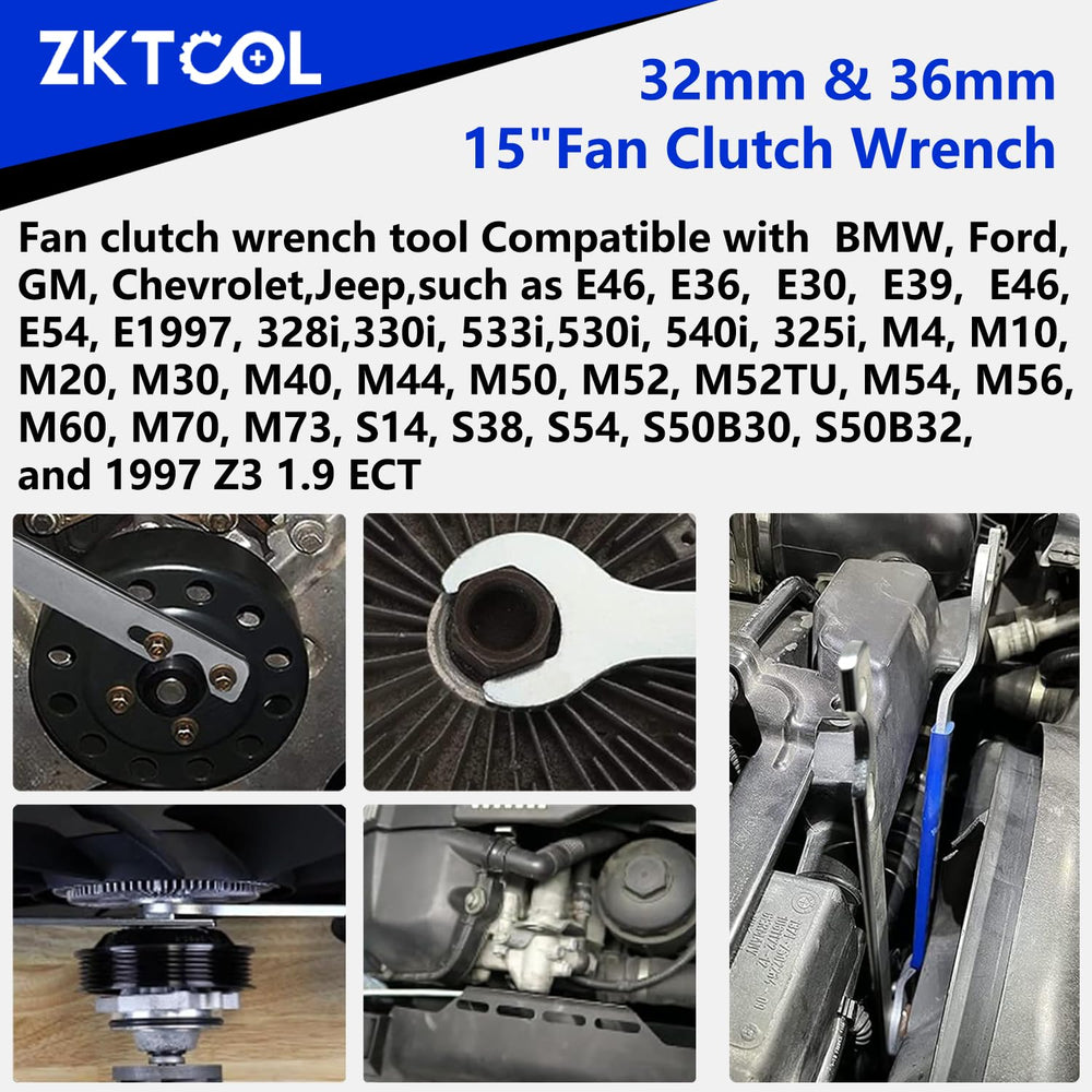 ZKTOOL wrenches mounted on BMW fan clutch illustrating correct fit and reduced nut rounding