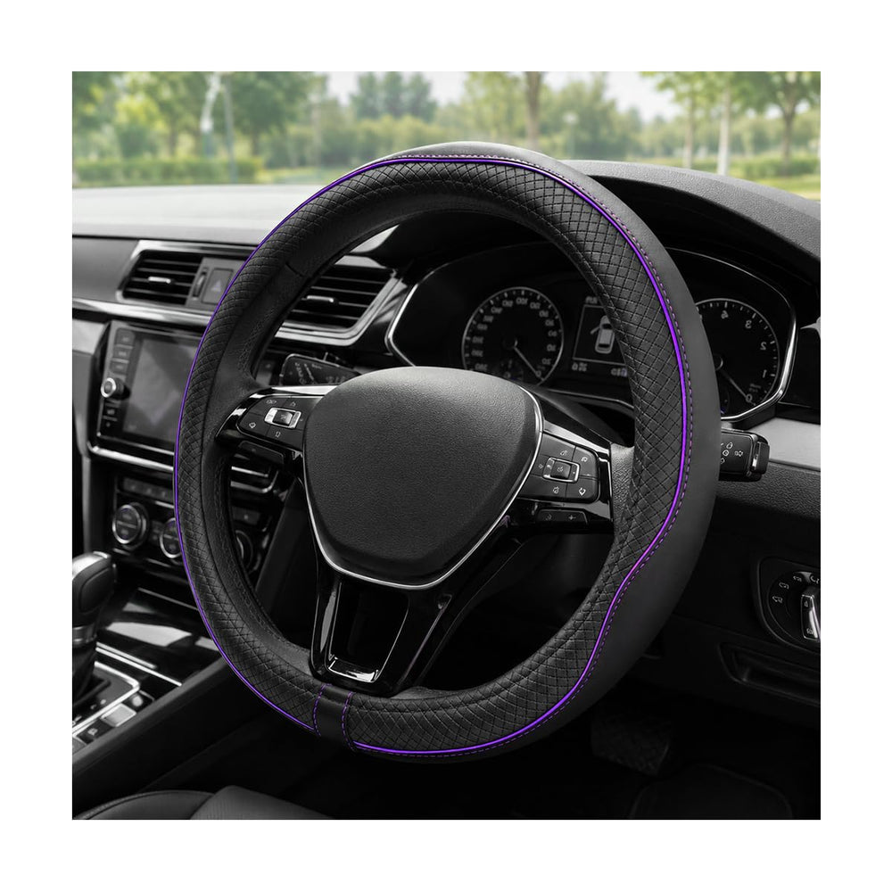 ZNDAW front view of steering wheel cover showing fit and black purple design for style