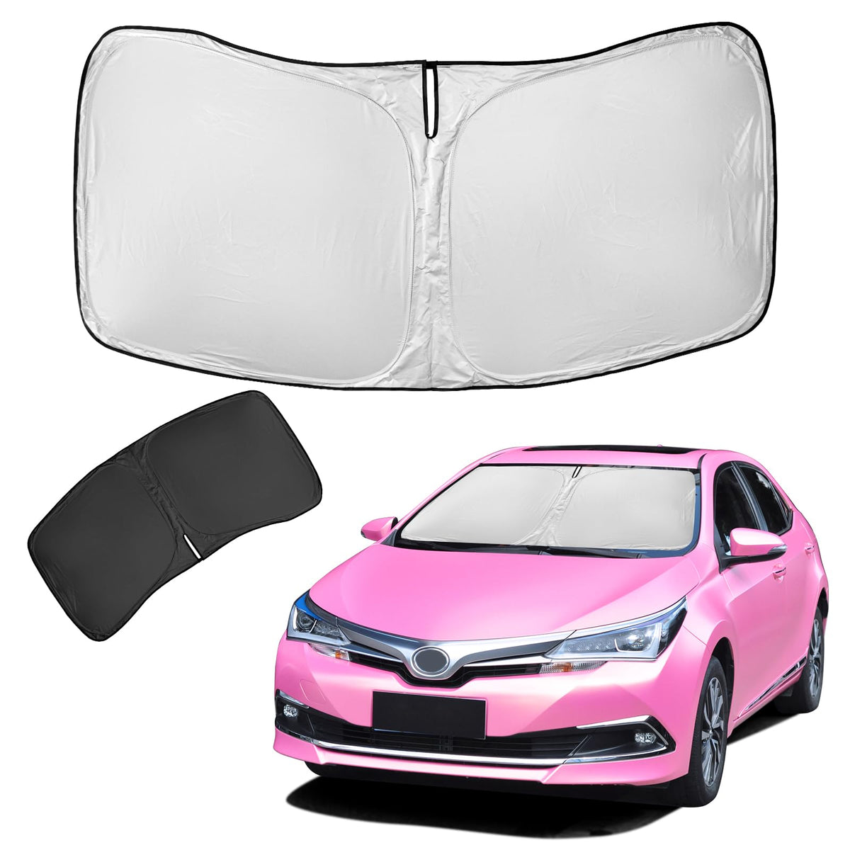 ZOIBV front packaging showing sun shade and fit for Corolla, protects interior