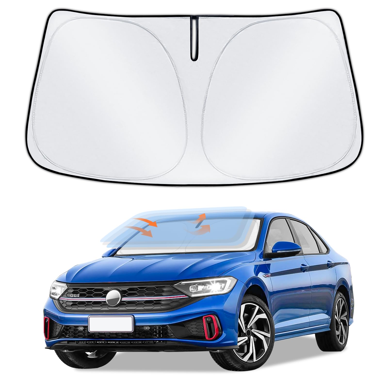 ZOIBV front view of Jetta windshield cover showing full-fit protection
