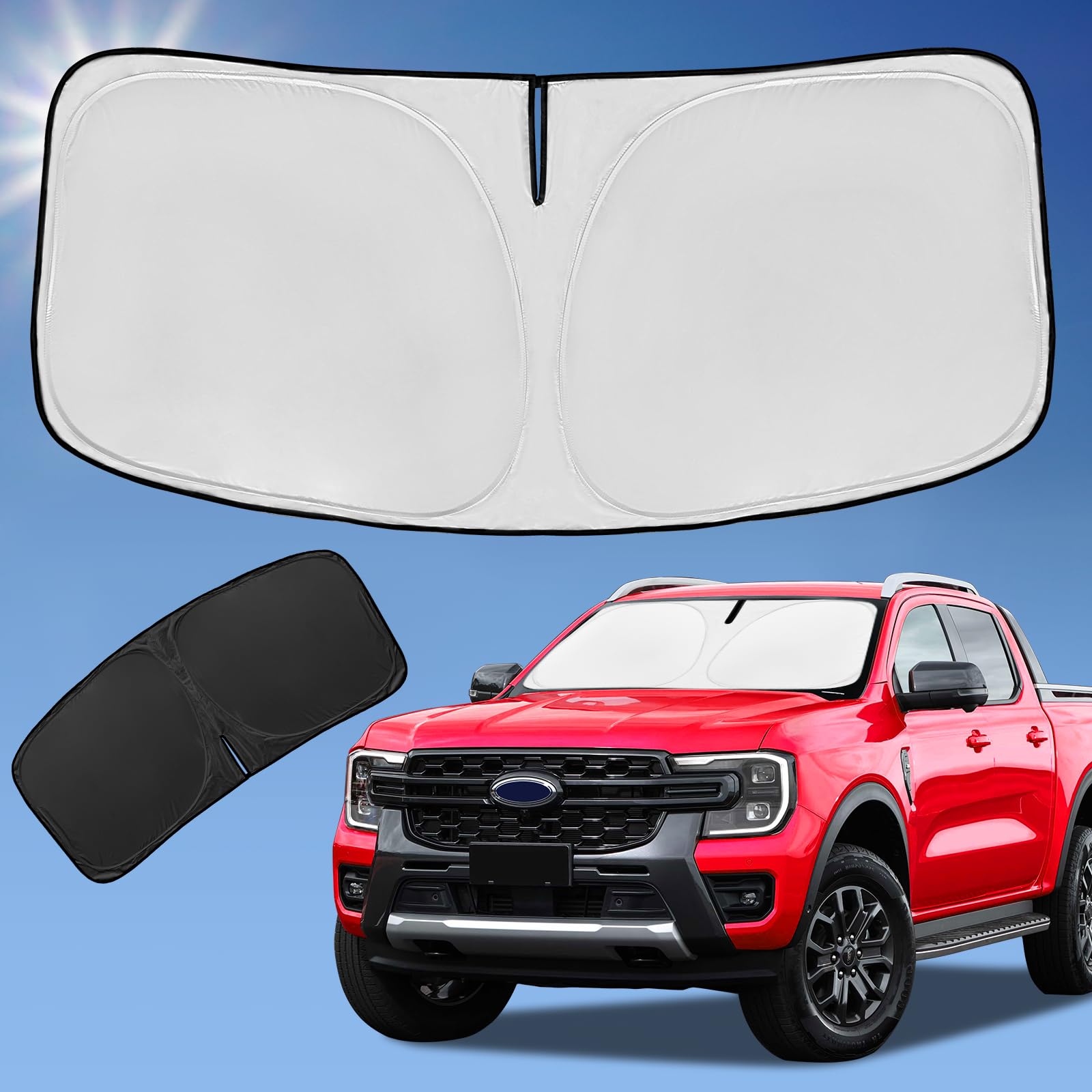 ZOIBV front view sunshade covering Ford Ranger windshield to block heat