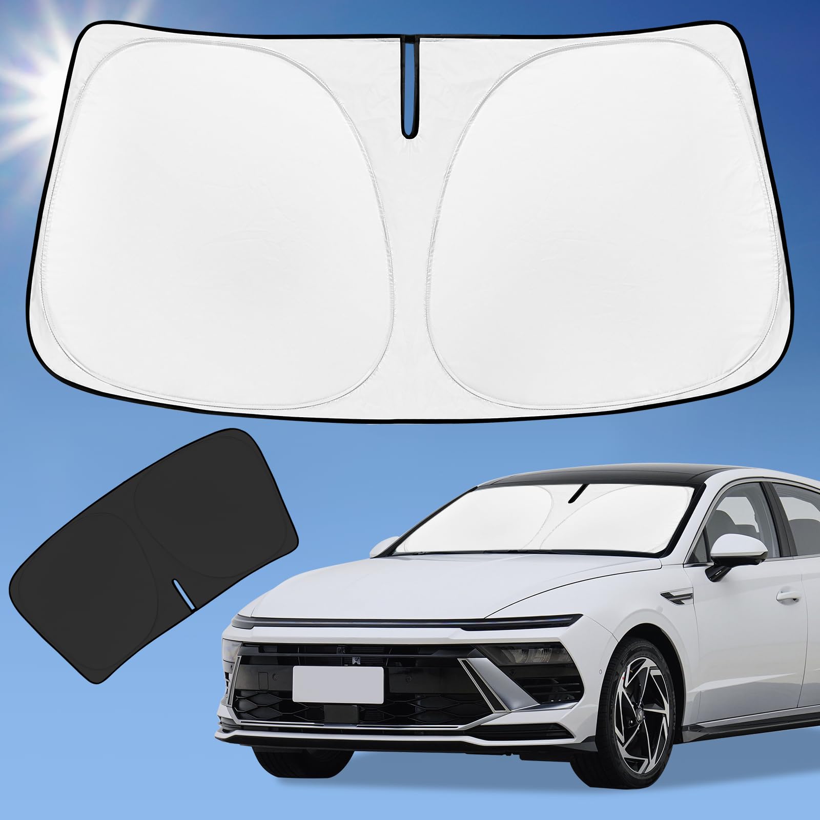 ZOIBV sunshade front view showing full windshield coverage and cooling benefit