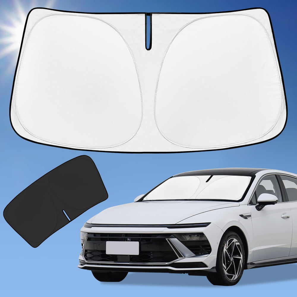 ZOIBV sunshade front view showing full windshield coverage and cooling benefit