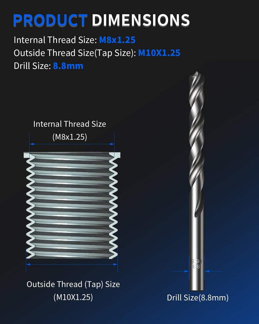 ZOMIYU full tool layout with drill, tap, counterbore, driver and ten inserts for easy use
