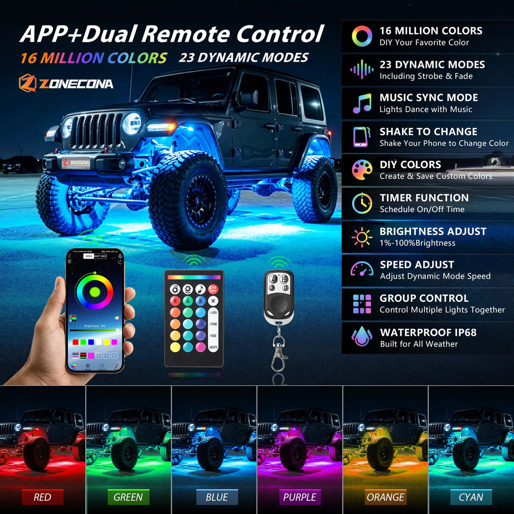 ZONECONA LED pod close-up revealing rugged housing and bright RGB lens for durability