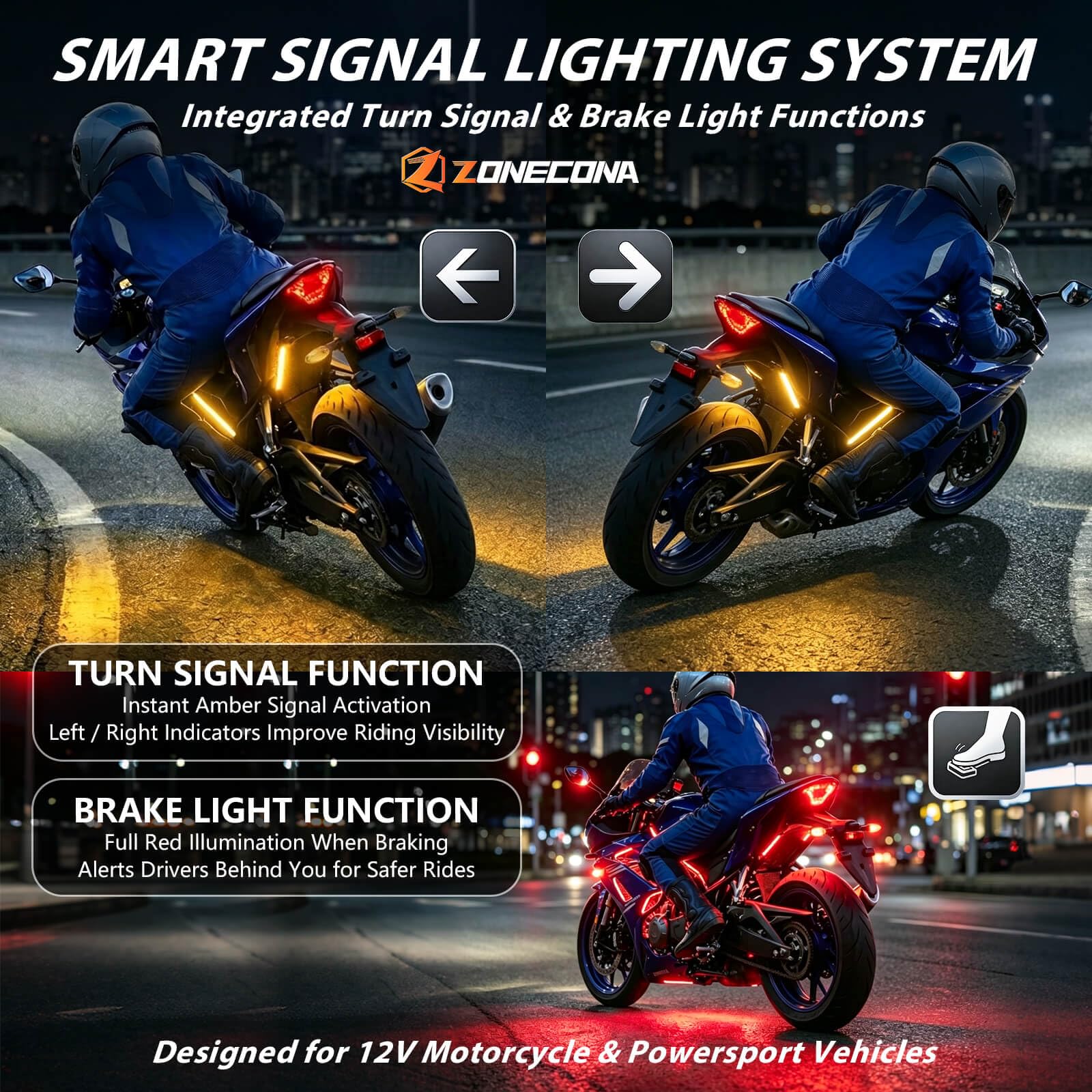 ZONECONA installed underbody lights on sport bike enhancing nighttime visibility