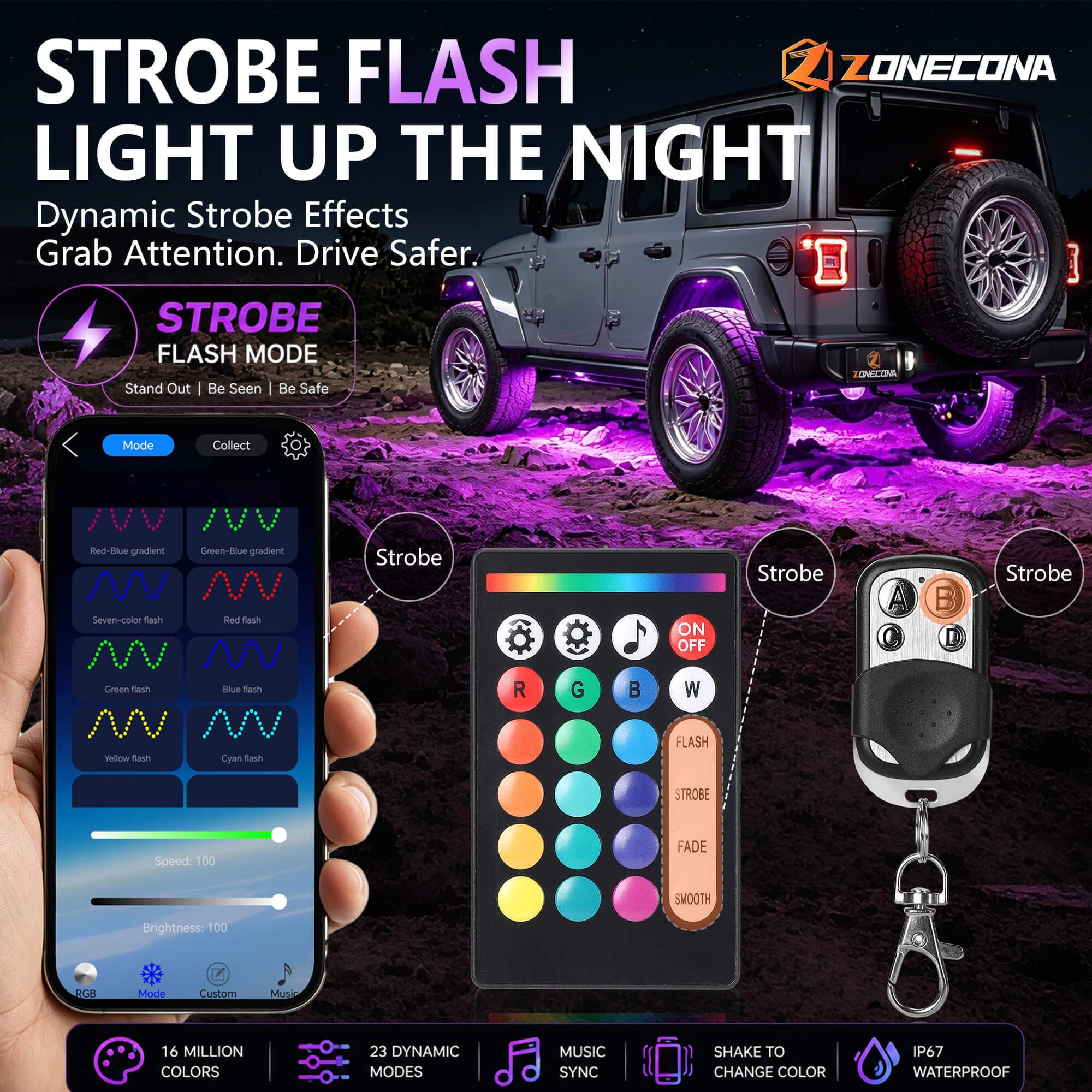 ZONECONA underbody installed on truck with multicolor glow for striking night visuals