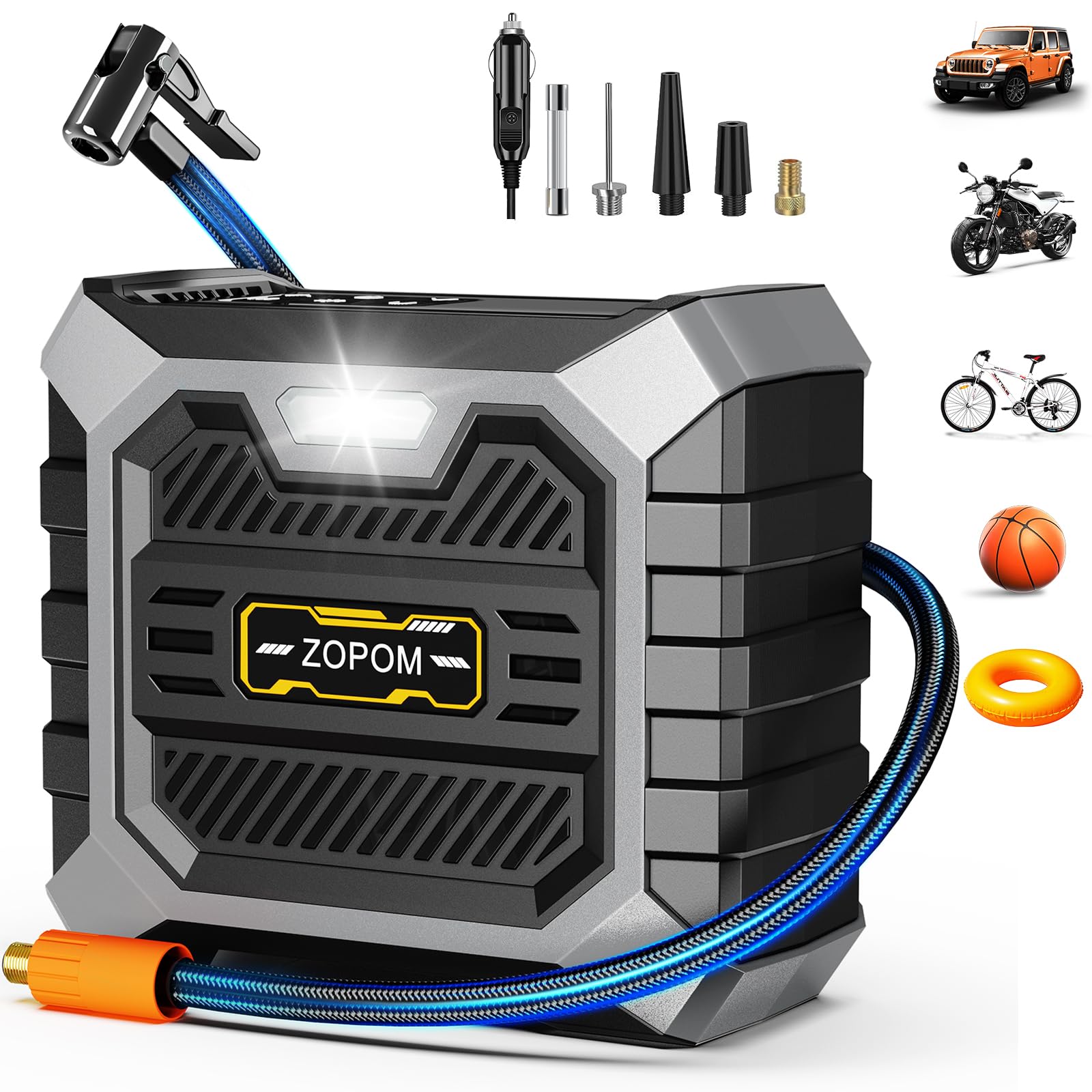 zopom front view showing compact inflator and clear benefits