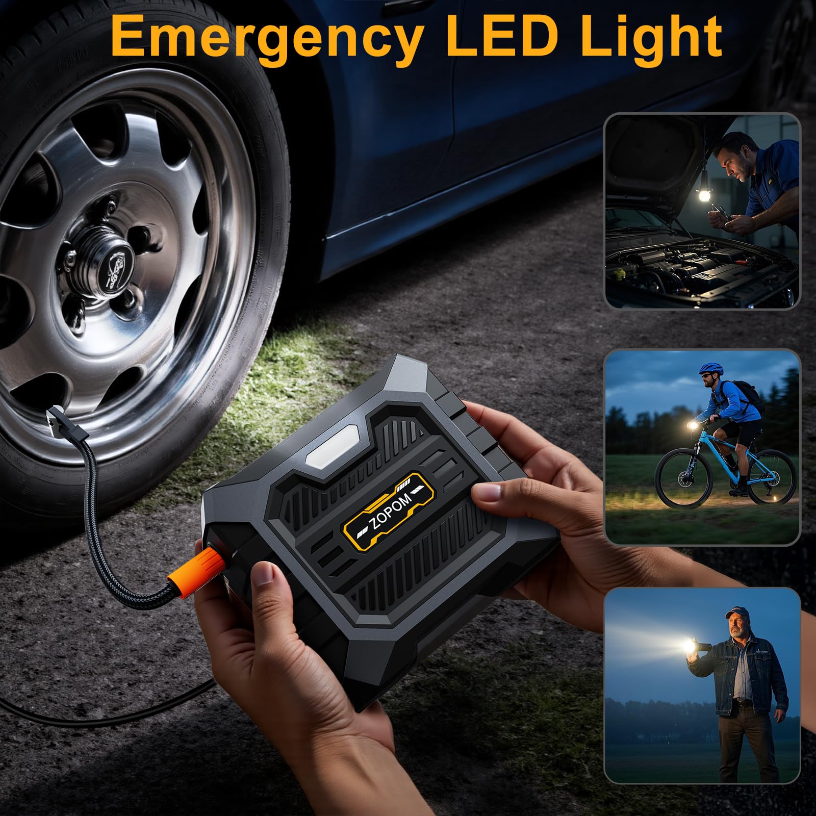 zopom inflating a car tire roadside for fast emergency help