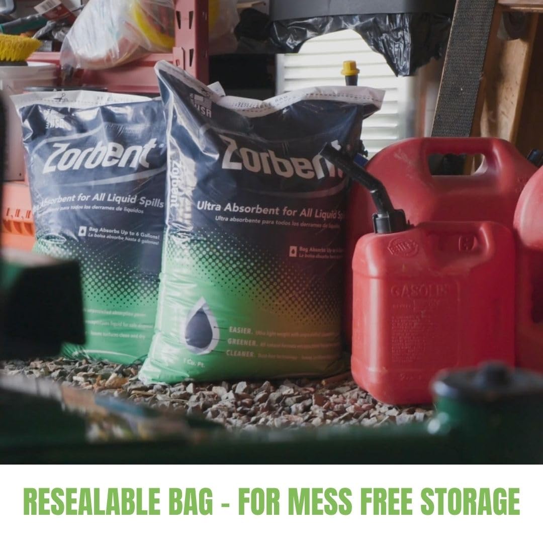 Zorbent bag beside a one-gallon bucket for scale and capacity