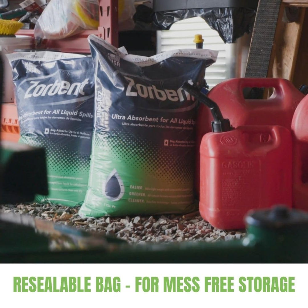 Zorbent bag beside a one-gallon bucket for scale and capacity