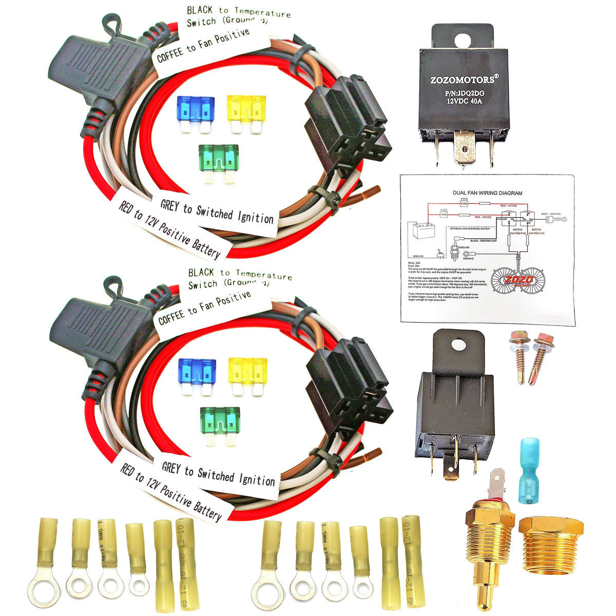 ZOZOMOTORS relay kit front packaging showing all included components and quick overview benefit