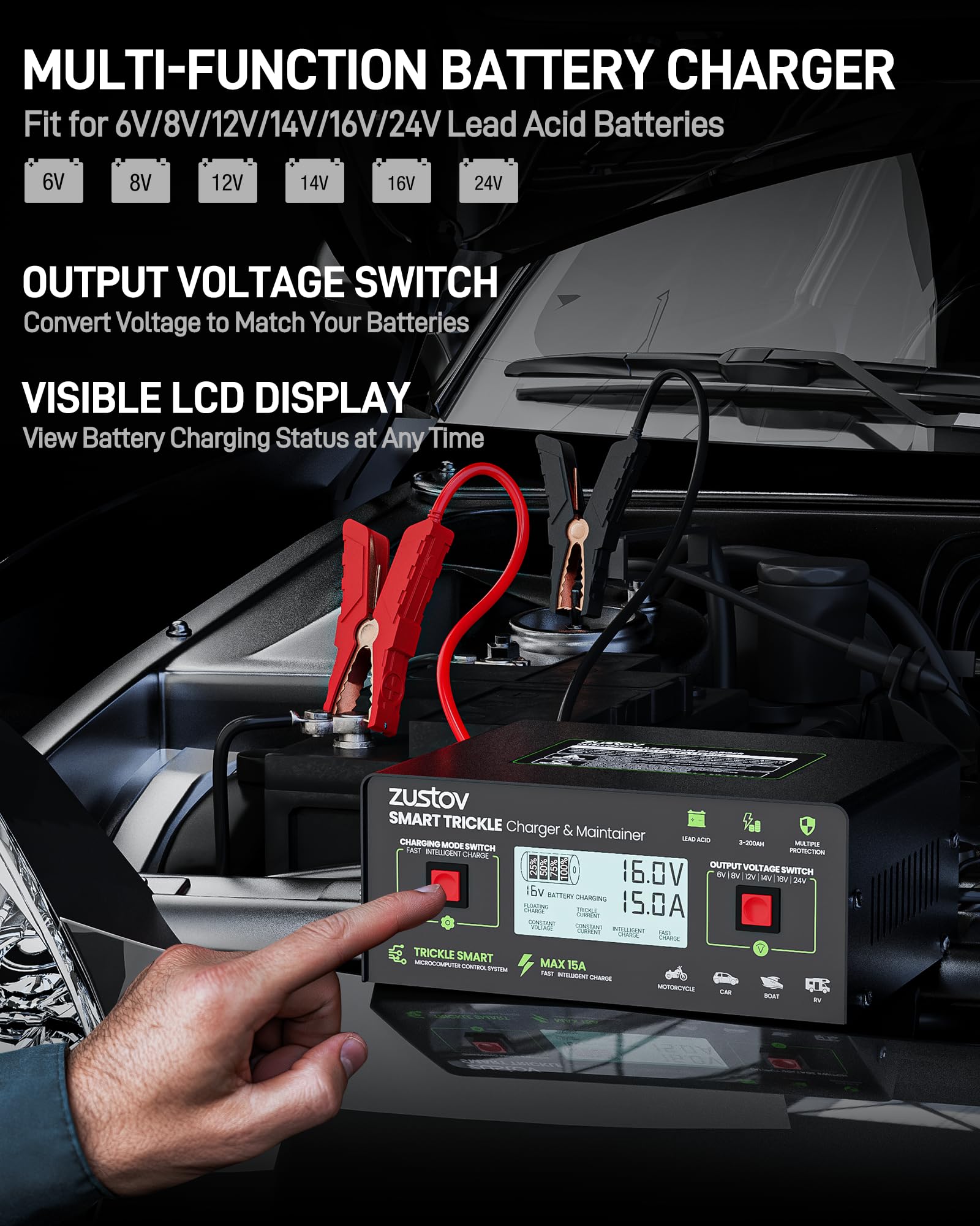 Zustov charger connected to a car battery illustrating fast and maintenance charging