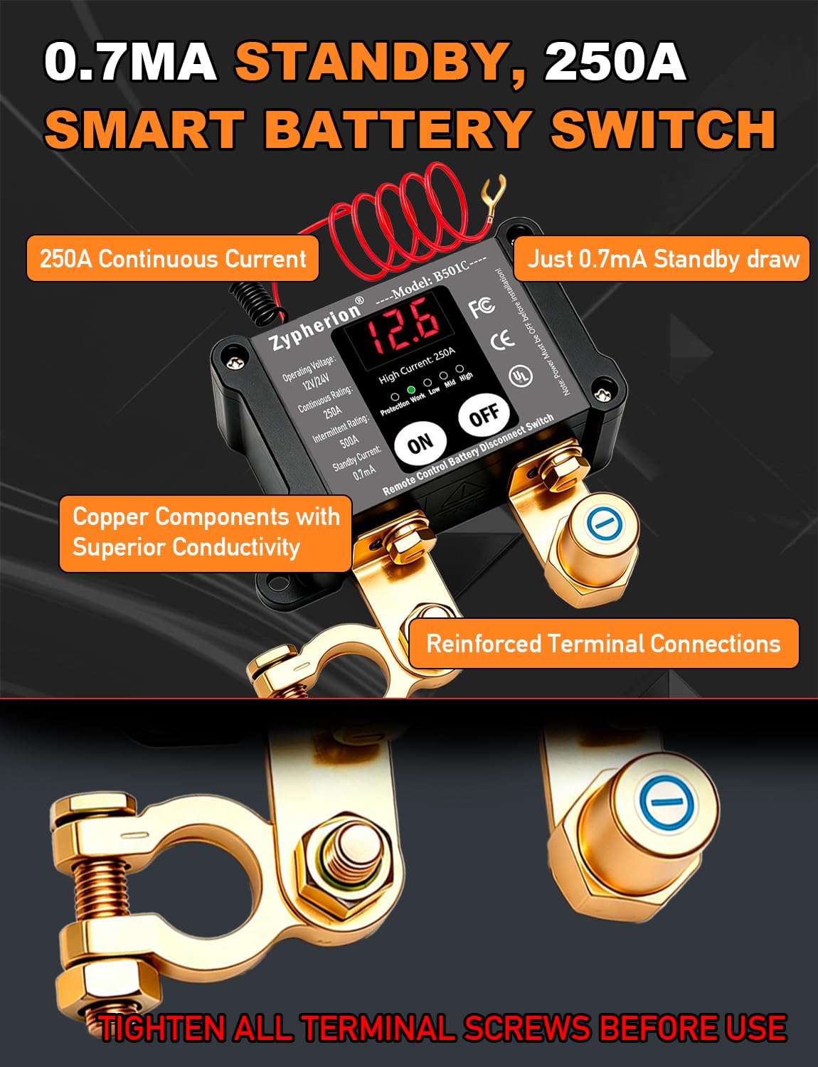Zypherion LED voltmeter close-up displaying battery voltage for instant status checks