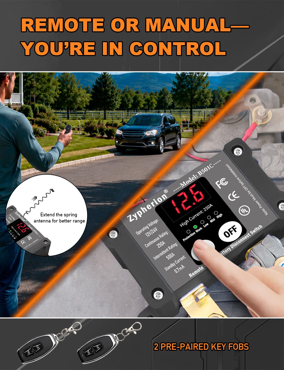 Zypherion wireless keyfobs with extendable antenna enabling remote power disconnect convenience